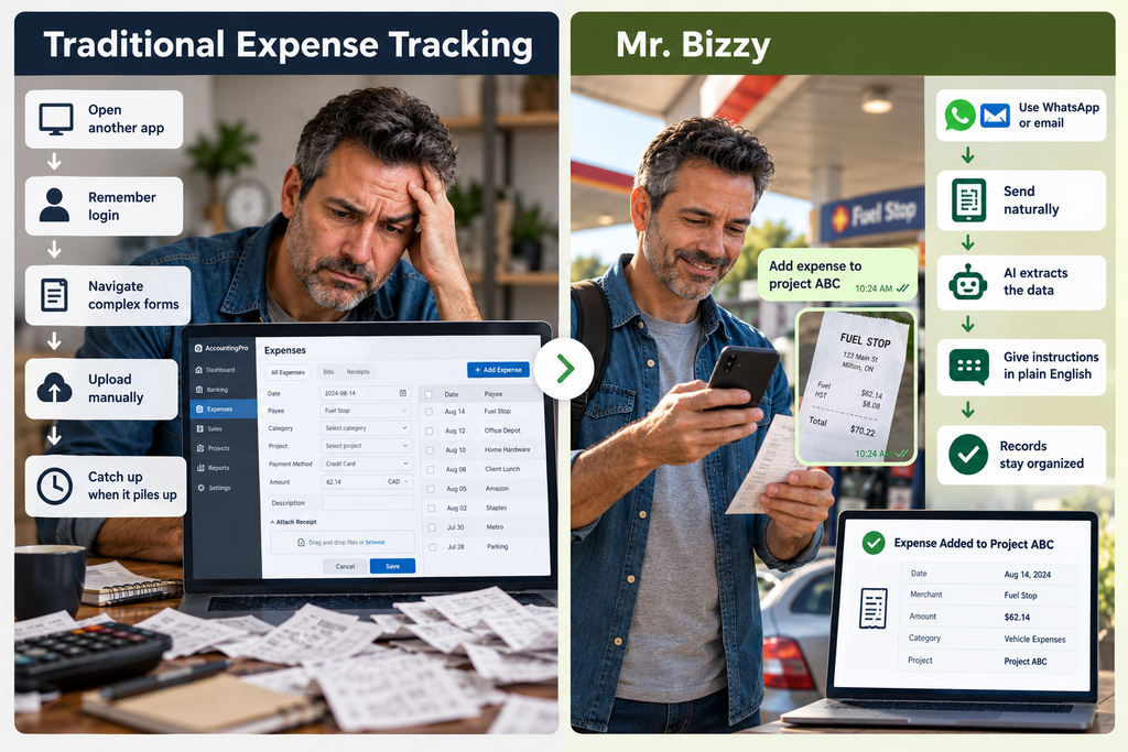 Business owner managing paperwork on a laptop at his desk, alongside the same business owner taking a photo of a receipt on his phone.