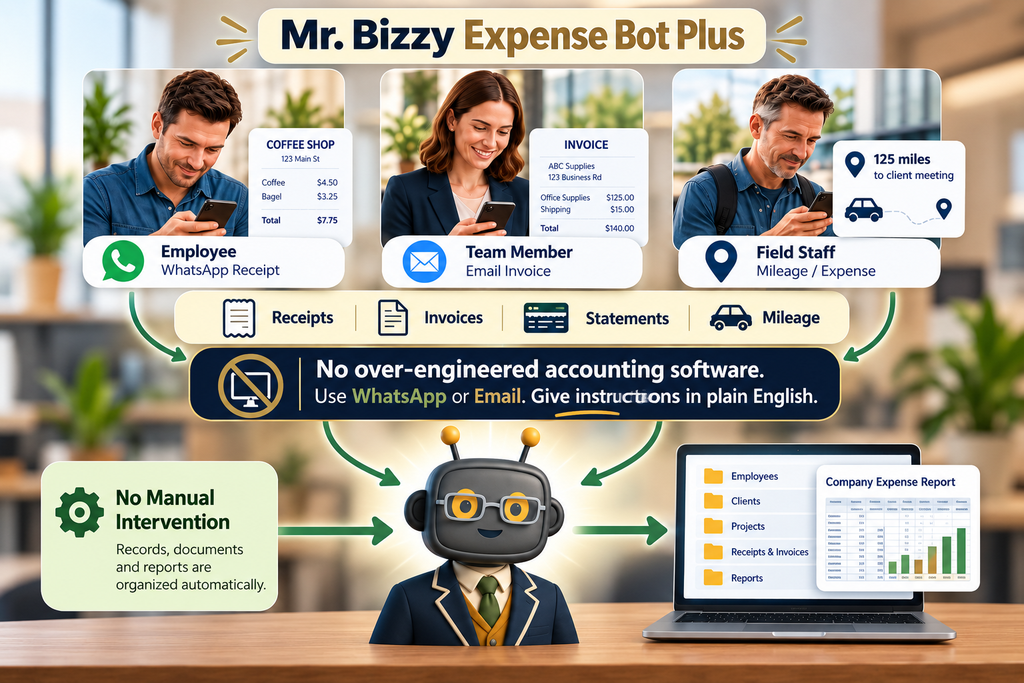 Mr. Bizzy Expense Bot Plus showing employees and team members submitting receipts, invoices, statements and mileage through WhatsApp and email for automated expense organization and reporting