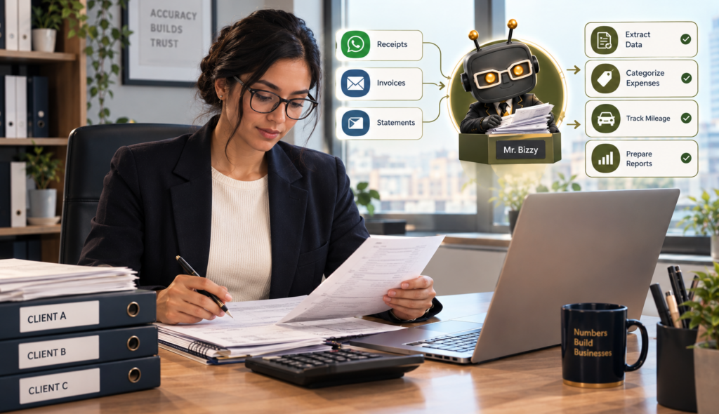 A real accounting professional reviewing documents at a desk, with Mr. Bizzy's receipt collection workflow shown alongside.
